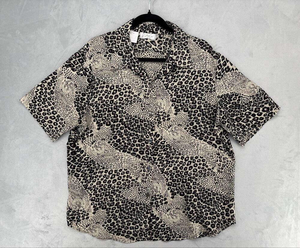 Vintage Shirt Womens 16‎ Beige Leopard Graphic Indie Sleaze Bowling Rockabilly